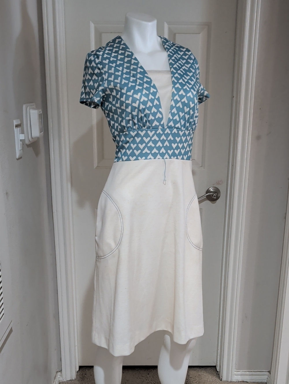 Vintage 70s Melissa Lane Light Blue Heart-Print Tie Waist Retro Dress Women's 10